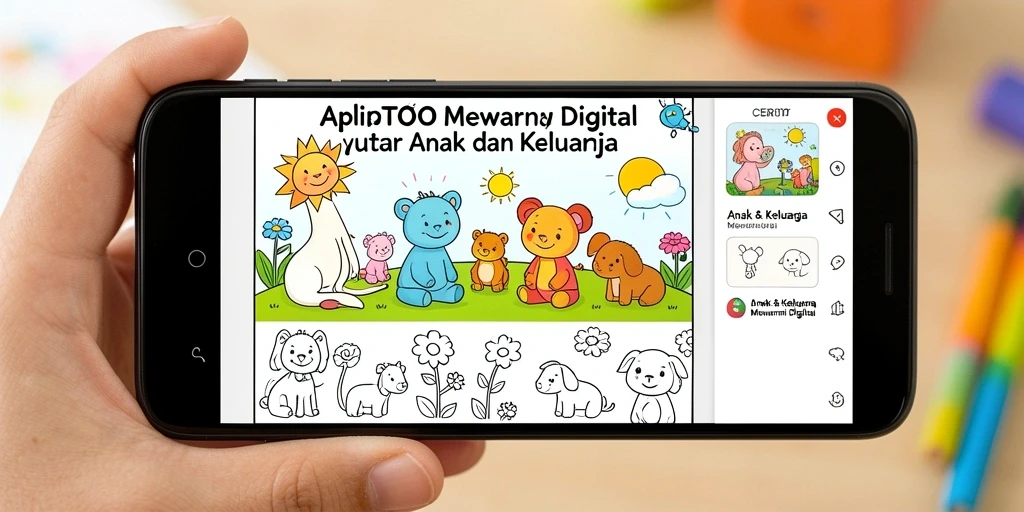 Antarmuka CERITOTO yang ramah anak dalam mewarnai digital.
