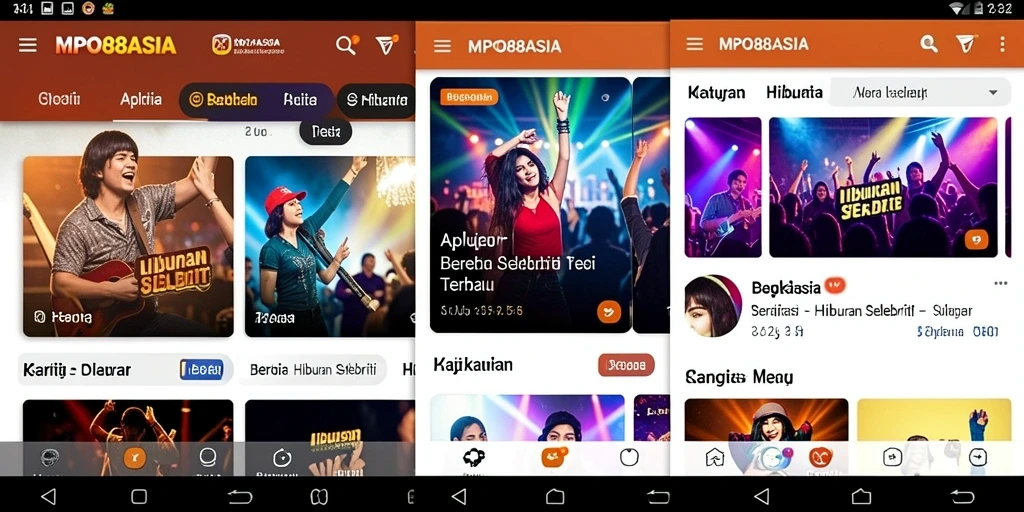 Antarmuka aplikasi MPO88ASIA menampilkan berbagai berita hiburan selebriti.