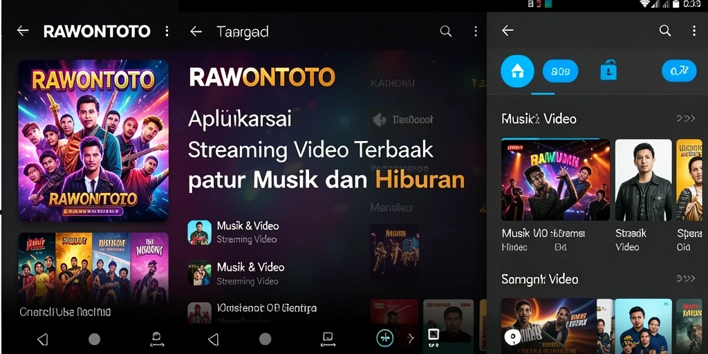 Tampilan utama aplikasi RAWONTOTO dengan berbagai pilihan video streaming.