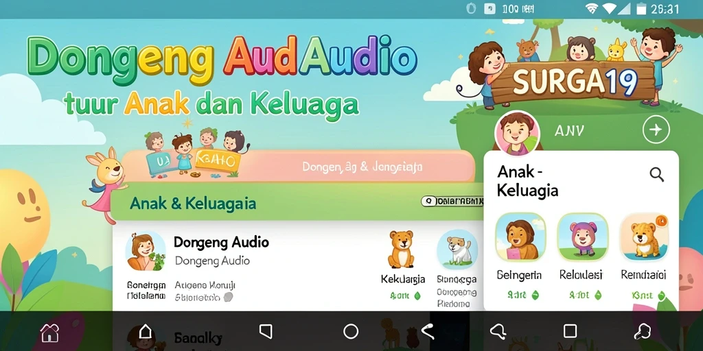 Antarmuka aplikasi SURGA19 yang menarik untuk dongeng audio.