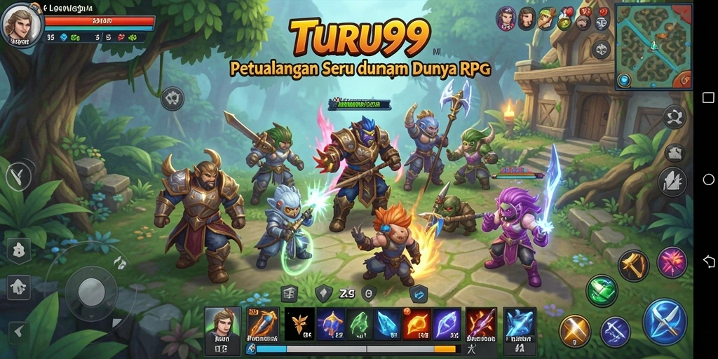 Menggambarkan antarmuka RPG yang menarik dan fitur permainan TURU99.