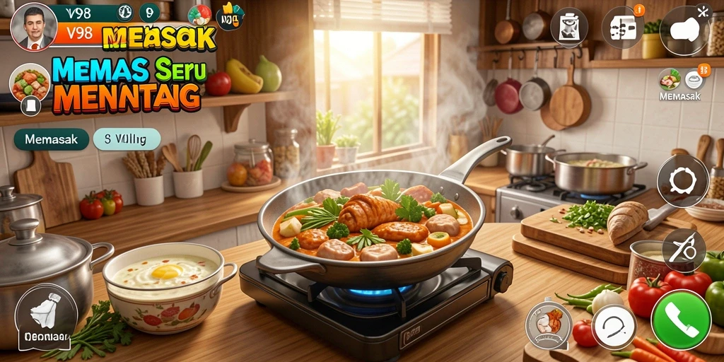 Antarmuka gameplay V98 menampilkan berbagai hidangan yang dapat dimasak.